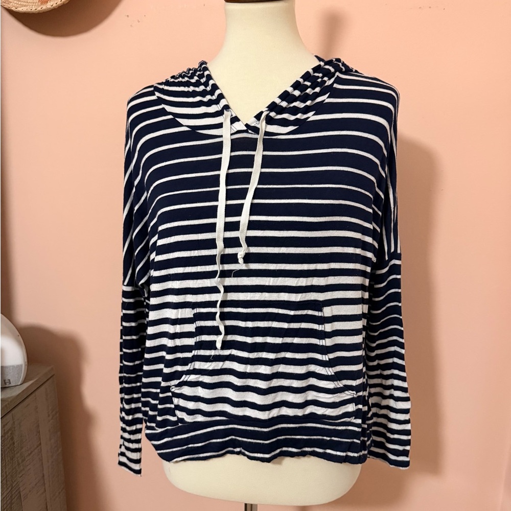Aiden Y Women’s Navy and White Striped Lightweight Hoodie Sz S/M